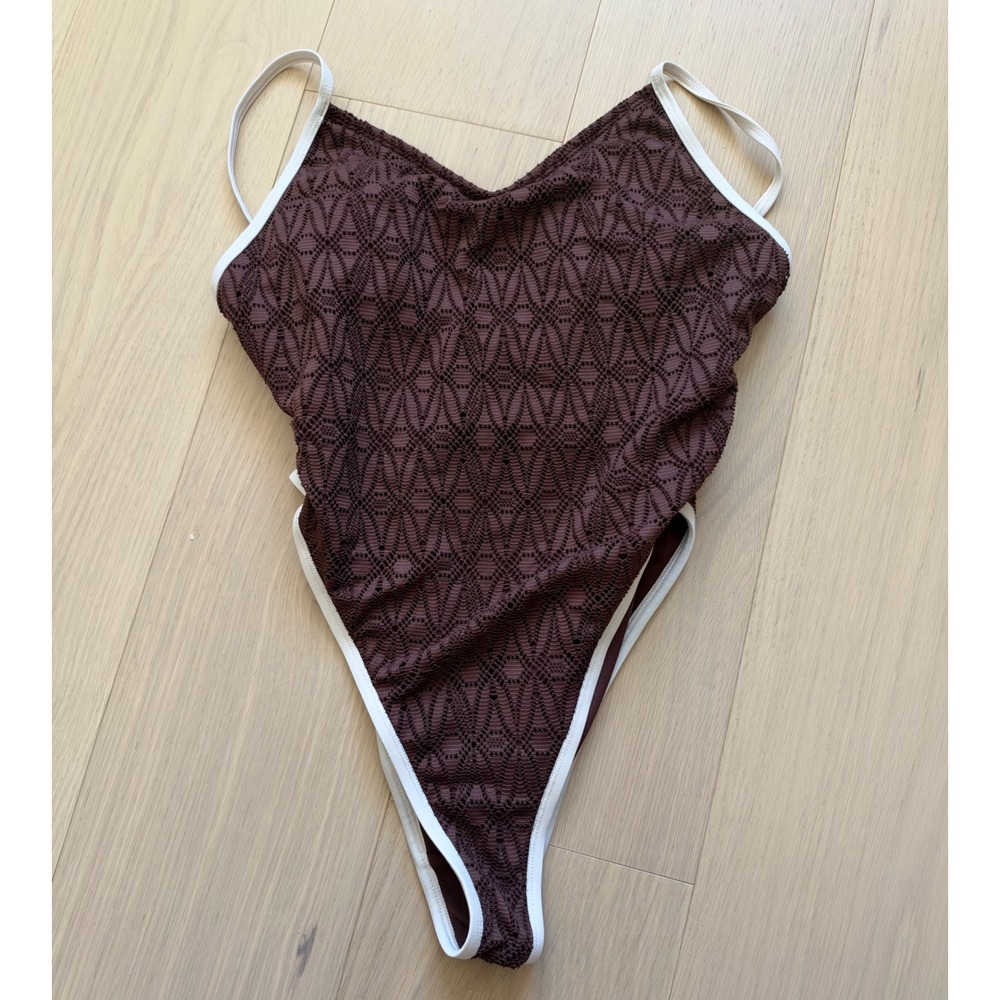 Wild Fable Brown Crochet Lace High Cut One Piece Swimsuit Cream Trim Small